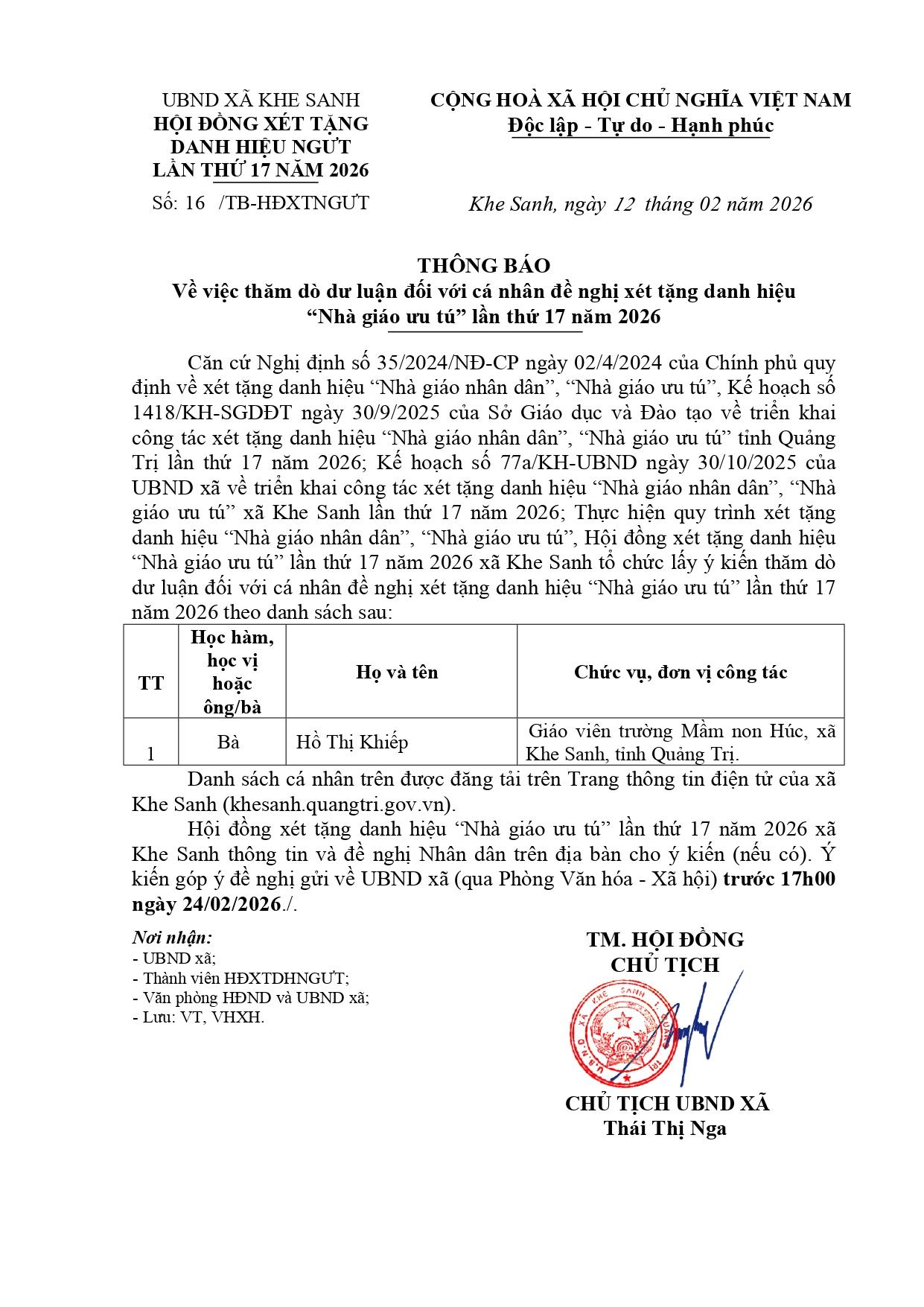 Thông báo về việc thăm dò dư luận đối với cá nhân đề nghị xét tặng danh hiệu 